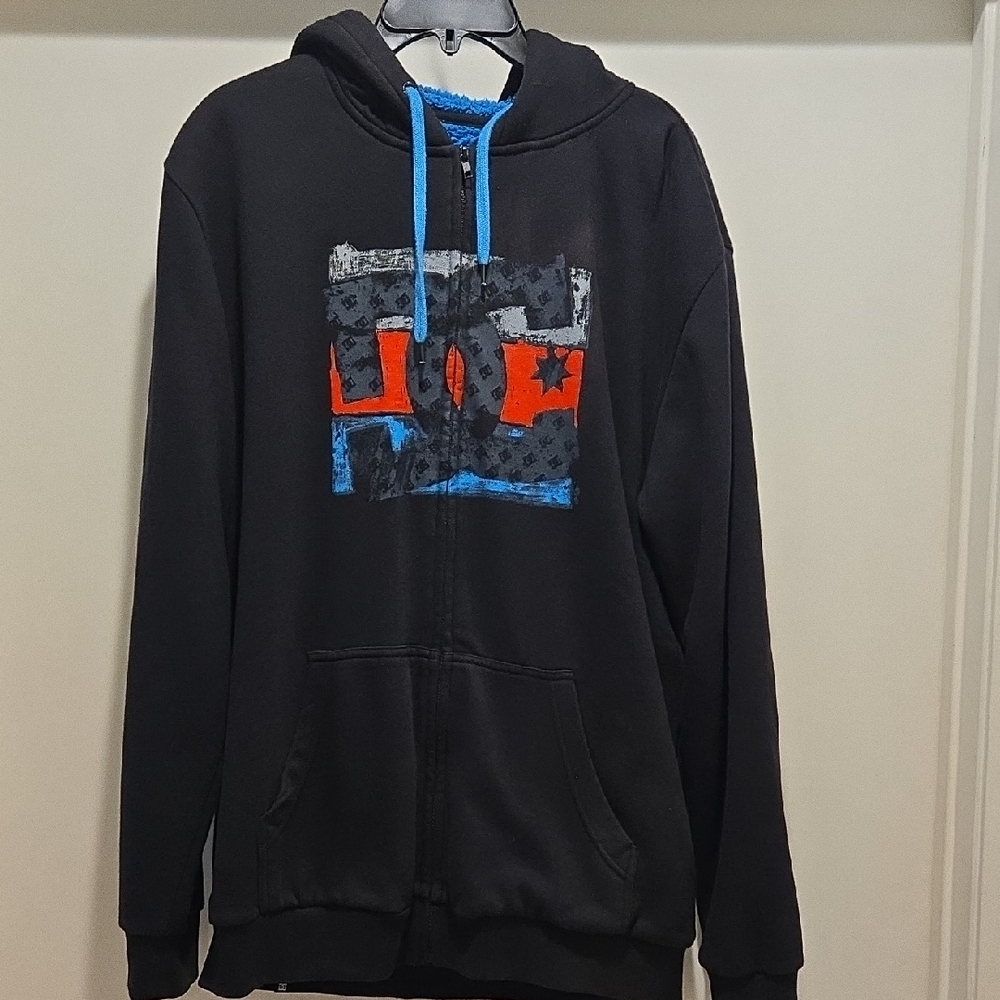 DC Men's Black Zip-Up Sweater with Red and Blue Details